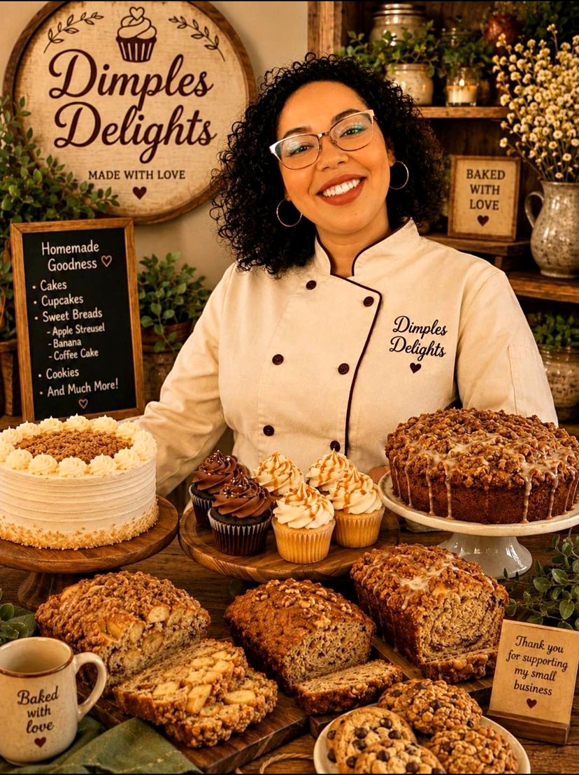 The baker in her white bakery jacket surrounded by cakes, cupcakes and sweet breads